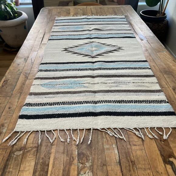Unbranded Hand Woven Rug 56 x 27 in Southwestern Boho Aztec Blue Gray Black - Picture 1 of 6